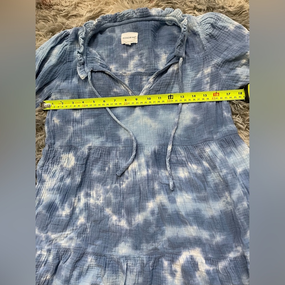 Honorine XS Blue Tie-Dye 100% Cotton Gauze Peasant Mini Dress Boho Long Sleeve - Picture 2 of 4